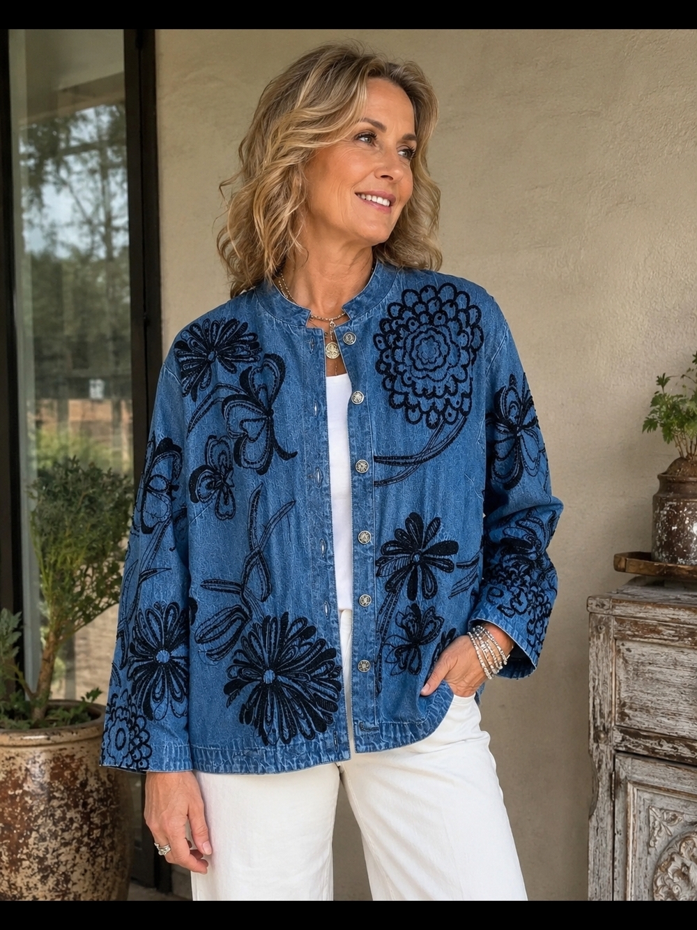 Blue Denim Women’s Embellished Denim Jacket Jacket Black Floral Embroidery Small